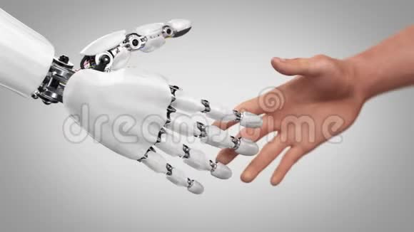 机器人和人握手美丽的现实3d动画上的绿色背景与通过的深度领域4K视频的预览图