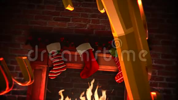 动画特写壁炉圣诞袜的礼物和砖块背景的新年快乐文本视频的预览图