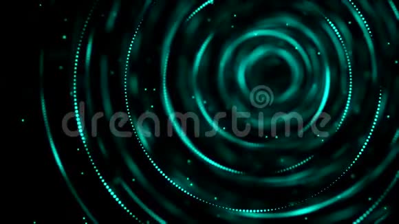 在美丽的霓虹灯隧道中旋转的霓虹灯线条和黑色背景上漂浮的粒子的抽象动画视频的预览图