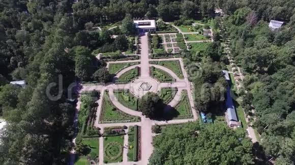 四架直升机拍摄全景美丽的绿色夏季花园喷泉在中心晴朗无云的日子视频的预览图