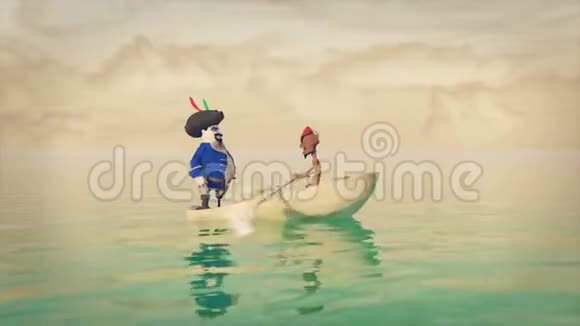 3动画海盗乘小船航行到岛上视频的预览图