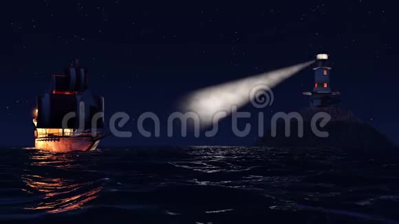 3一艘靠近灯塔的老式木船的动画视频的预览图