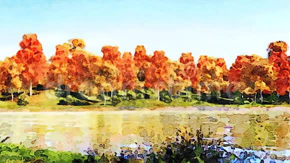 森林湖岸上的水彩秋景视频的预览图