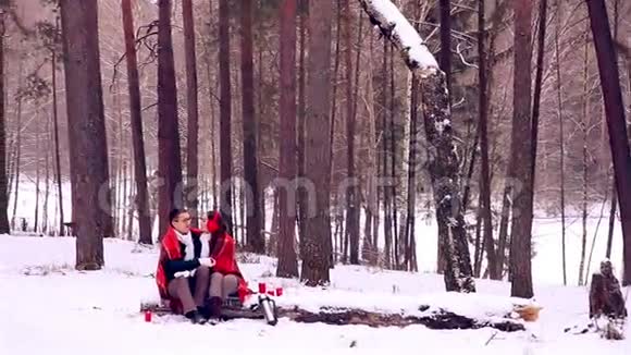 快乐的年轻夫妇在冬天的森林里玩得很开心视频的预览图