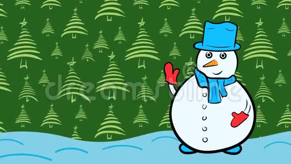 圣诞节雪人和绿杉树视频的预览图