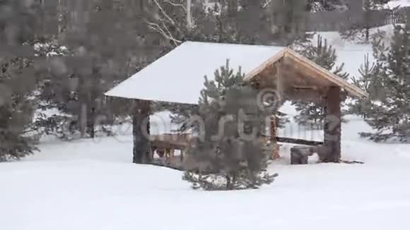 木制凉亭背景下的雪视频的预览图