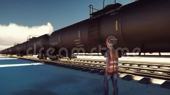 石油工人走过铁路铁路油罐车在铁路上行驶视频的预览图