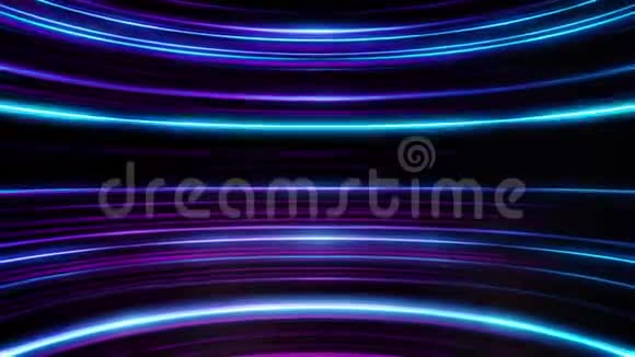 在黑色背景上的彩色闪光和弯曲的蓝色和紫色线条的动画抽象背景视频的预览图