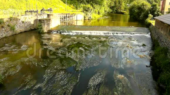 小河的冷水流过小石头堰小水花在堰下开在浊水的涟漪中开视频的预览图
