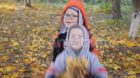 秋天黄色叶子里的小孩子孩子们在街上玩落叶桦树和秋树林视频的预览图