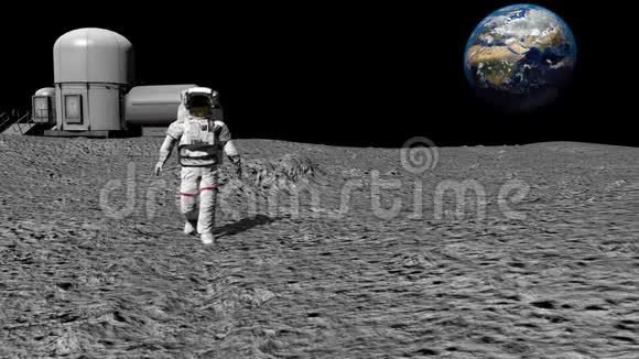 宇航员在月球上靠近月球站挥舞着他的手CG动画提供了这段视频的内容视频的预览图