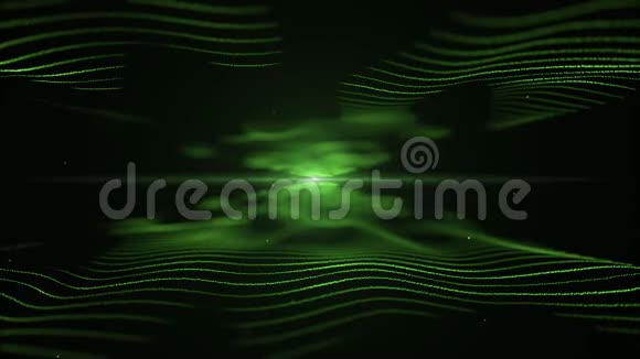 抽象的能量背景绿色模仿黑色背景上的波浪中间有模糊的灯光视频的预览图