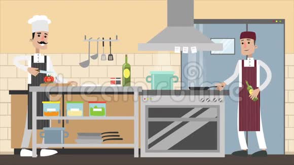 在厨房做饭厨师在炉子做饭卡通镜头视频的预览图