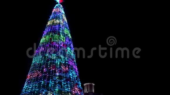 在大雪纷飞的冬夜大圣诞树上装饰着发光的花环相机飞来飞去视频的预览图