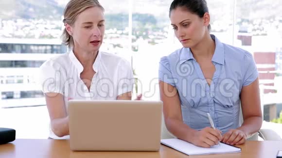 两个女商人在使用笔记本电脑时一起工作视频的预览图