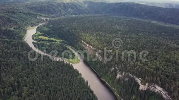 夏季森林河流鸟瞰图剪辑夏季飞行期间用河流鸟瞰林地视频的预览图