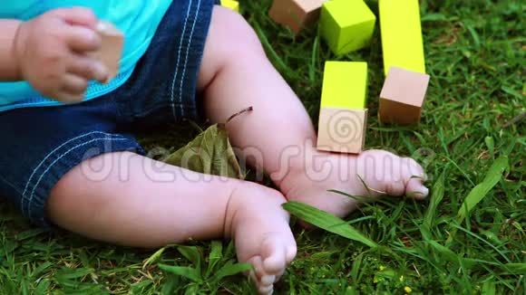 小男孩在草地上玩积木视频的预览图