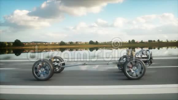 高速公路上带有发动机的汽车底盘过渡开得很快汽车概念现实的4k动画视频的预览图