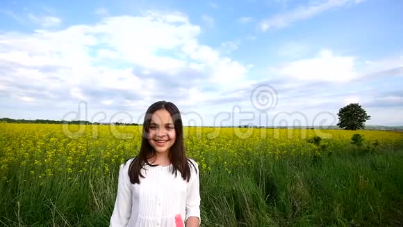 夏天快乐的小女孩在绿色草地上玩肥皂泡视频的预览图