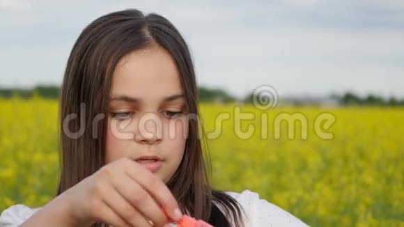 夏天快乐的小女孩在绿色草地上玩肥皂泡视频的预览图