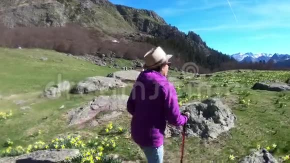 法国比利牛斯山脉的女徒步旅行者视频的预览图