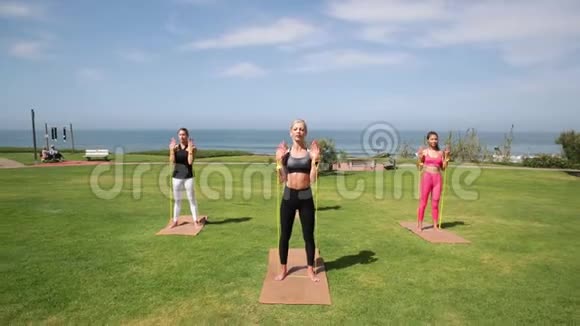 一群年轻女性白天在海边练习瑜伽绿草视频的预览图