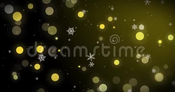 白色的雪花金色的纸屑和黑色圣诞背景上的bokeh灯3D渲染图像视频的预览图