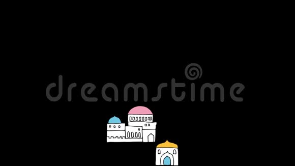 手工绘制的清真寺有闪闪发光的月亮和星星可循环的节日动画穆斯林节日斋月卡雷姆视频的预览图