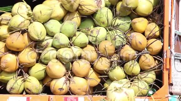 印度市场上新收获椰子的近景全景视频的预览图