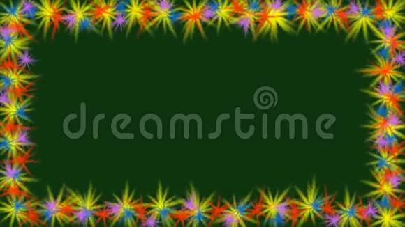 动画视频框架与小多色旋转星在边界深绿色背景上的小花视频的预览图