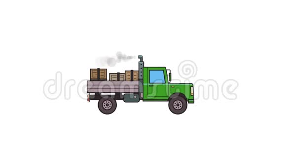 带有箱子的动画绿色卡车动重车侧视平面动画孤立在白色背景上视频的预览图