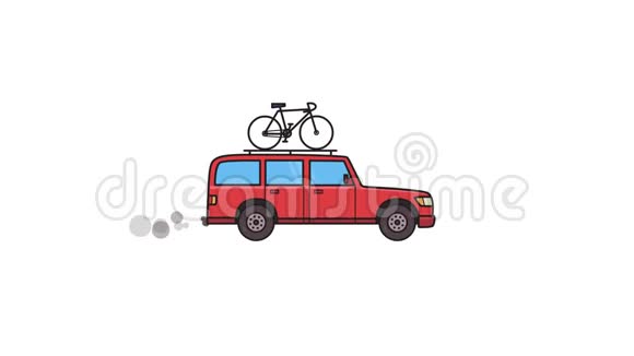 动画红色SUV汽车与自行车在屋顶后备箱移动小货车侧视平面动画孤立于白色视频的预览图