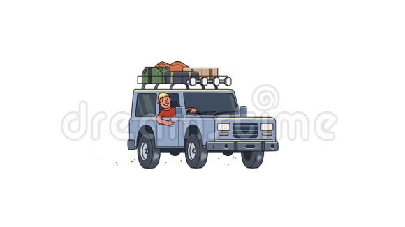 动画车车顶上有行李车轮后面有微笑的家伙移动越野车平面动画视频的预览图