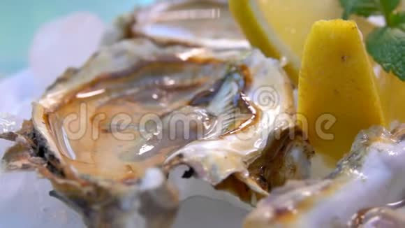 用冰块和柠檬在白色盘子上打开牡蛎视频的预览图