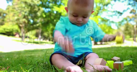 可爱的小男孩在草地上玩积木视频的预览图