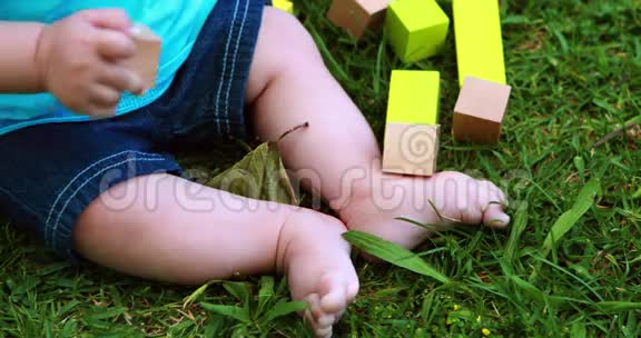 小男孩在草地上玩积木视频的预览图
