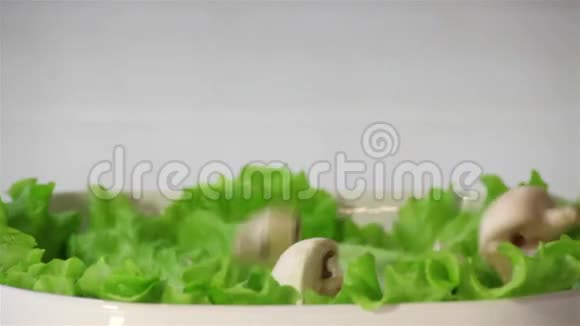蘑菇正落在生菜的叶子上视频的预览图