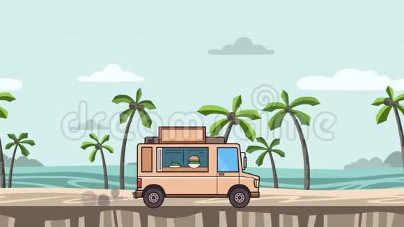 动画食品卡车骑在海滩上在海景上移动车辆侧视平面动画视频的预览图