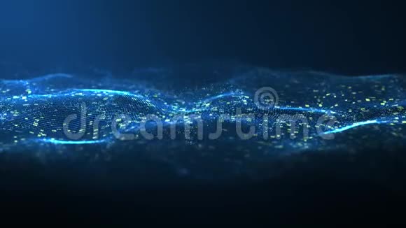 抽象数字蓝色的彩色波流动的小粒子在波和光的抽象背景上跳舞运动视频的预览图
