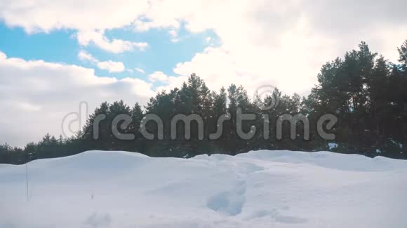人的脚在深雪的冬天慢动作视频生活方式男旅行者带着背包在雪地森林里散步视频的预览图