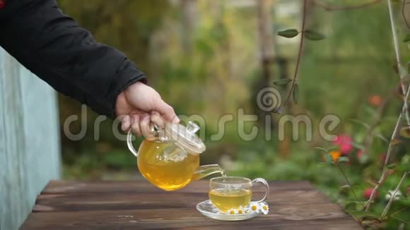 杯中有洋甘菊的绿茶视频的预览图