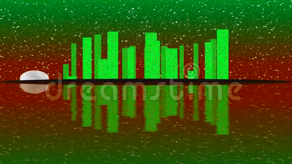 现代城市由五颜六色的光效动画概念为天际城市满月之夜视频的预览图