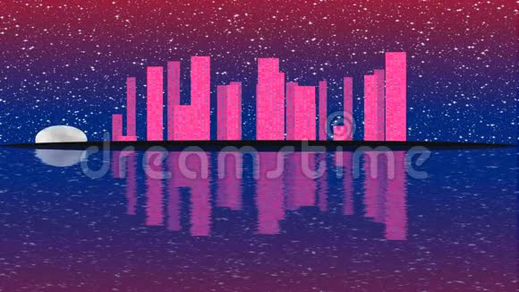 现代城市被五颜六色的灯光效果照亮动画概念为天际城市满月之夜视频的预览图
