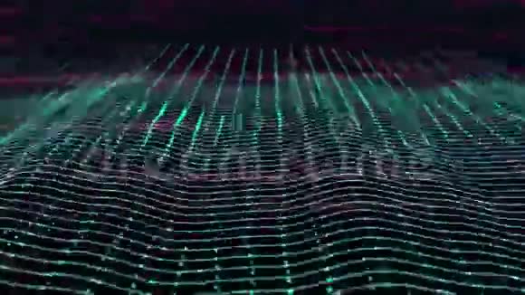 蓝色声波均衡器3D抽象动画在三维抽象地形中线框以波浪形式移动和弹跳视频的预览图