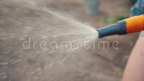 园艺园林护理理念泼水慢动作视频女人拿着花园软管浇水园艺视频的预览图