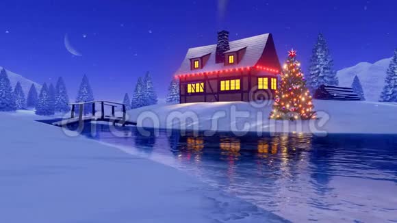 晚上在冰冻的河边为圣诞节装饰的房子视频的预览图