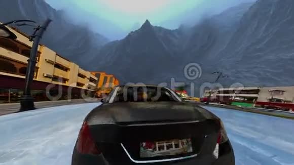 一辆黑色的车停在街道上的风暴波之间视频的预览图