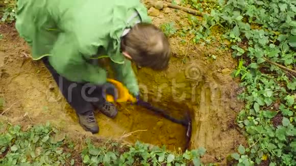 科学家生态学家在森林里挖土缝视频的预览图