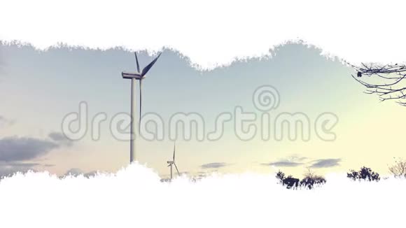 风力涡轮机呈现动画效果墨迹蓝天全景视频的预览图