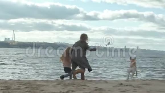一个穿着外套的年轻女人和一个卷发女孩妈妈和女儿跑着在海滩上和一只棕色的狗玩狗视频的预览图